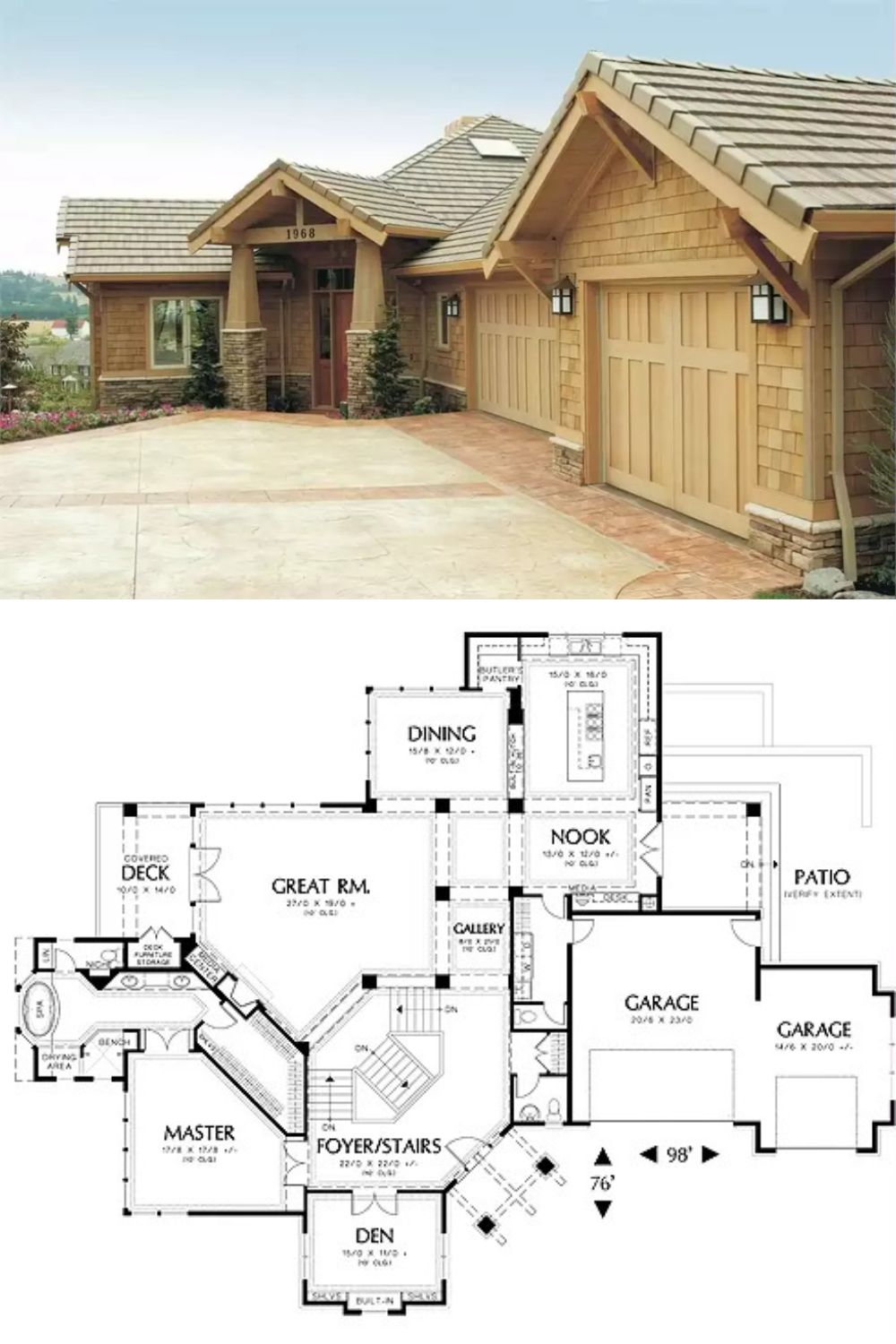 This hillside craftsman home showcases warm cedar shake siding and prominent timber accents for a refined, lodge‐inspired look. Tapered columns frame the covered entry, while stone detailing grounds the structure in natural elements. An attached garage blends seamlessly with the facade and connects to the home through a laundry room.