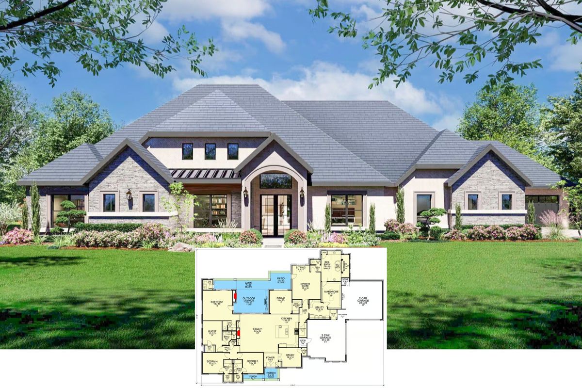 Modern 4-Bedroom Acadian with Open-Concept Living and 4-Car Garage (Floor Plan)