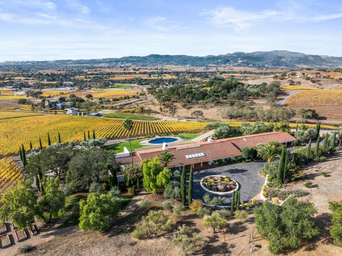 Aerial view of a house with a tiled roof, a circular driveway, a pool, and surrounding vineyards.