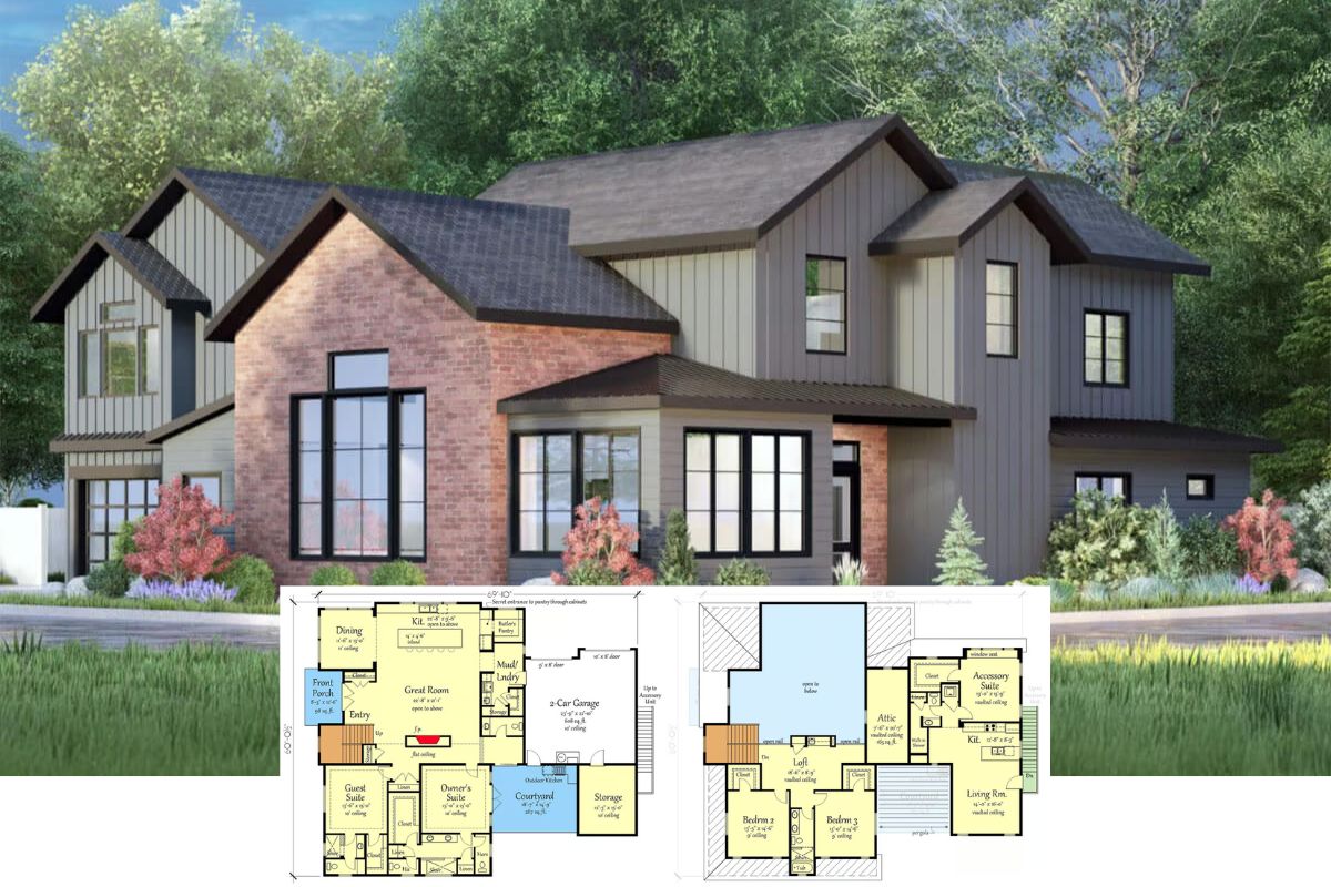 5-Bedroom New American Home with Loft, Courtyard, and In-Law Suite (Floor Plan)