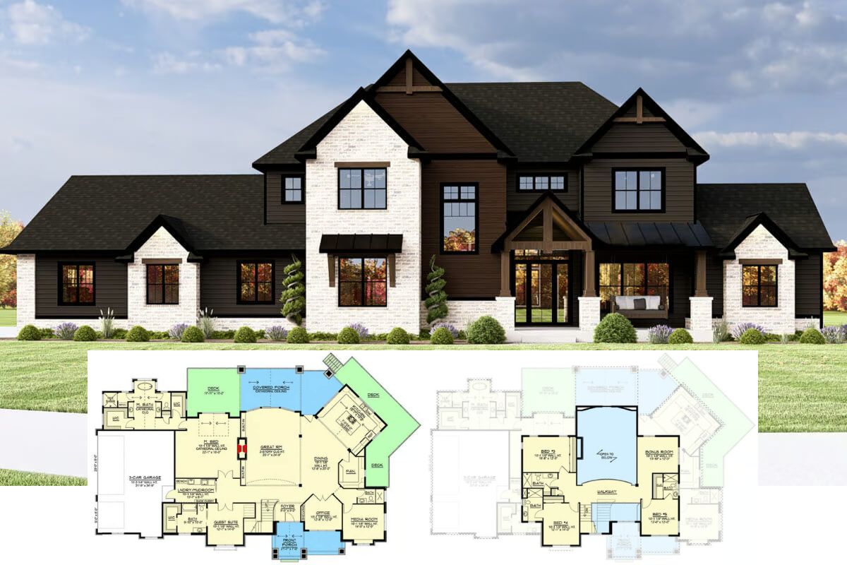 5-Bedroom New American Home with Balcony and Bonus Room (Floor Plan)