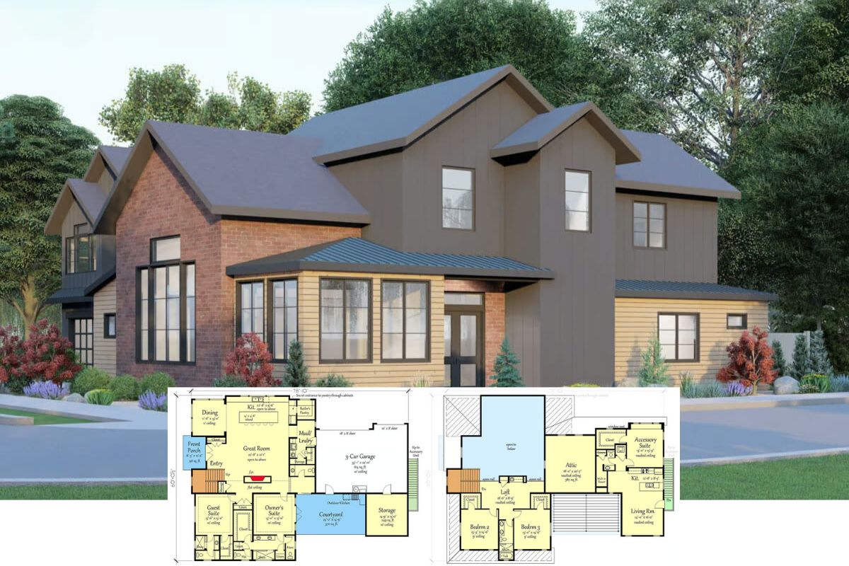 New American-Style 5-Bedroom Home with Loft, Courtyard, and In-Law Suite (Floor Plan)