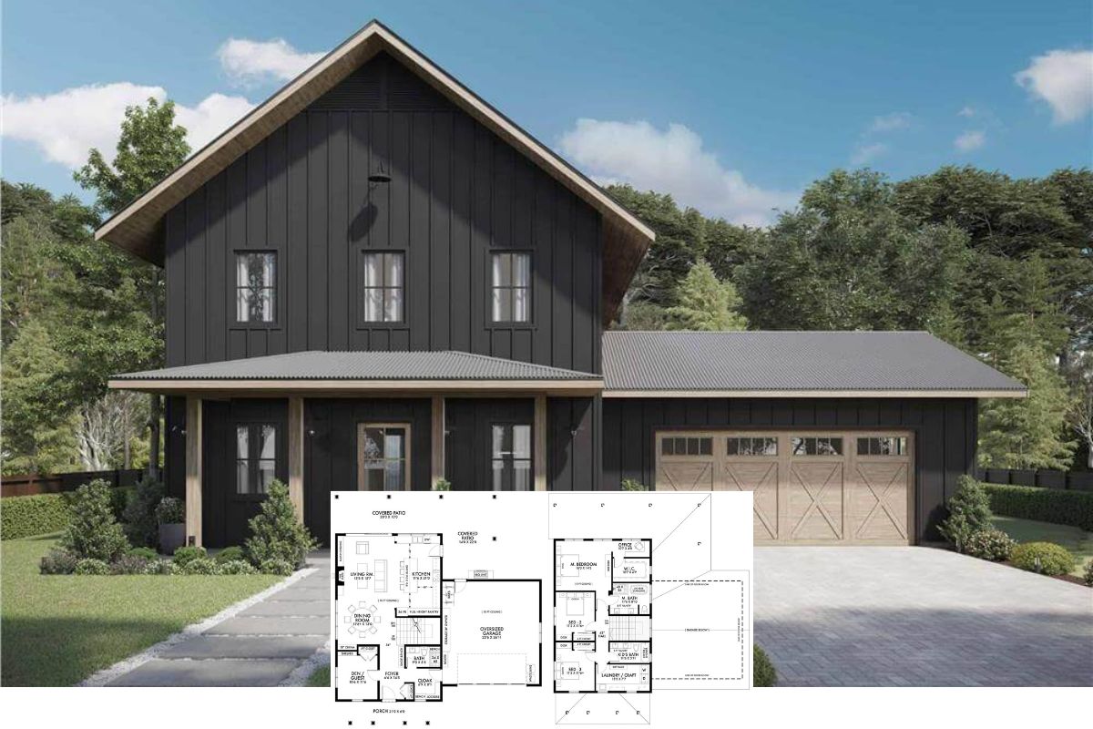 6-Bedroom Modern Farmstead Home with Front Porch and Covered Patio (Floor Plan)