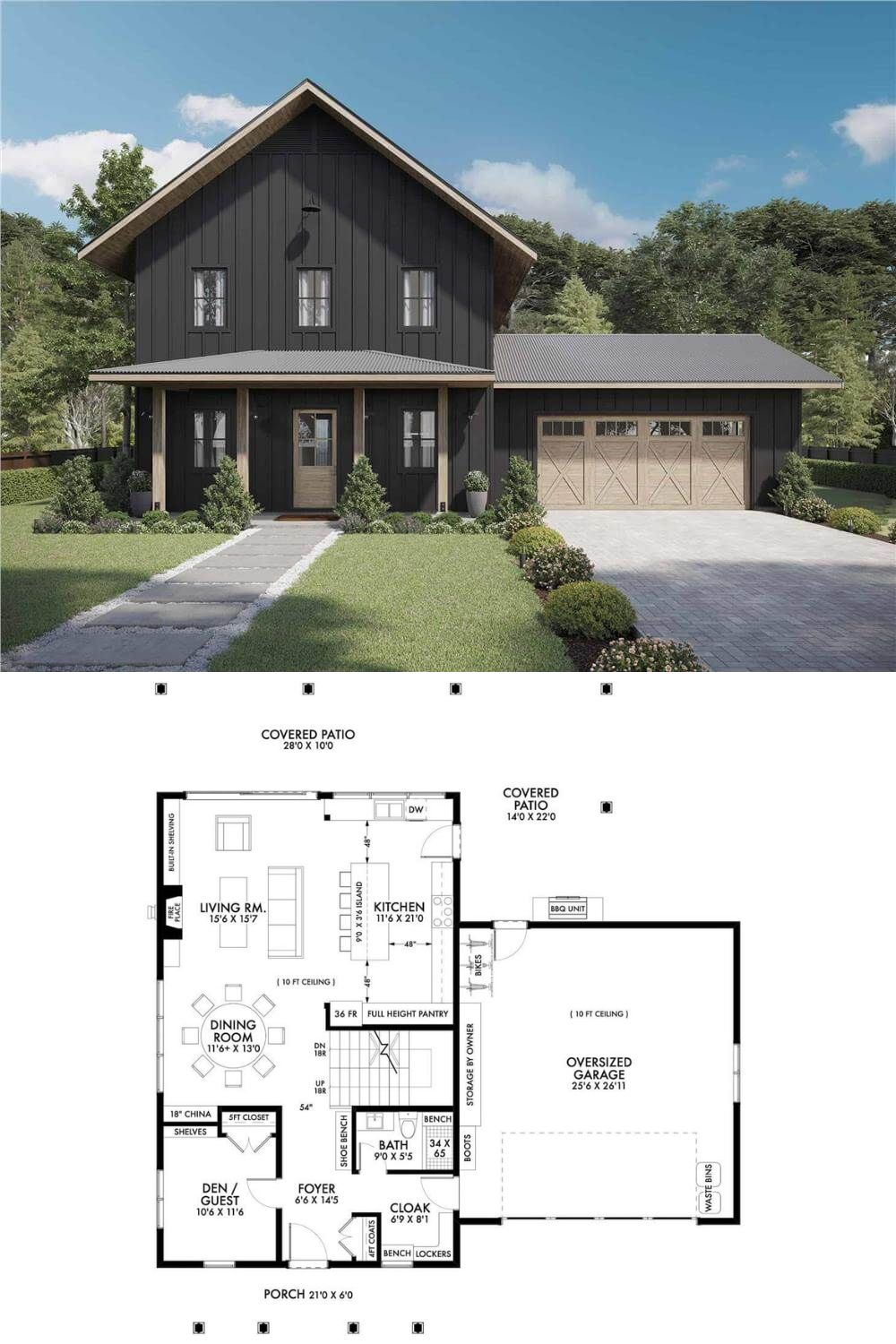 A modern spin on classic farmhouse lines, this home’s exterior features board and batten siding, a bold dark finish, and warm wood accents. A wide front porch sets a welcoming tone, while the attached garage adds a practical element with rustic-style doors that play off the overall farmhouse aesthetic.