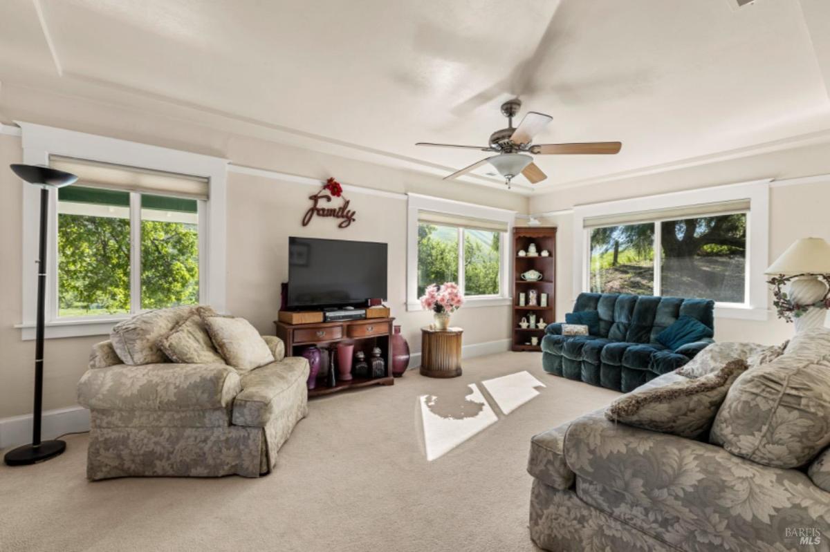 Family room with sofas, a TV, and large windows.