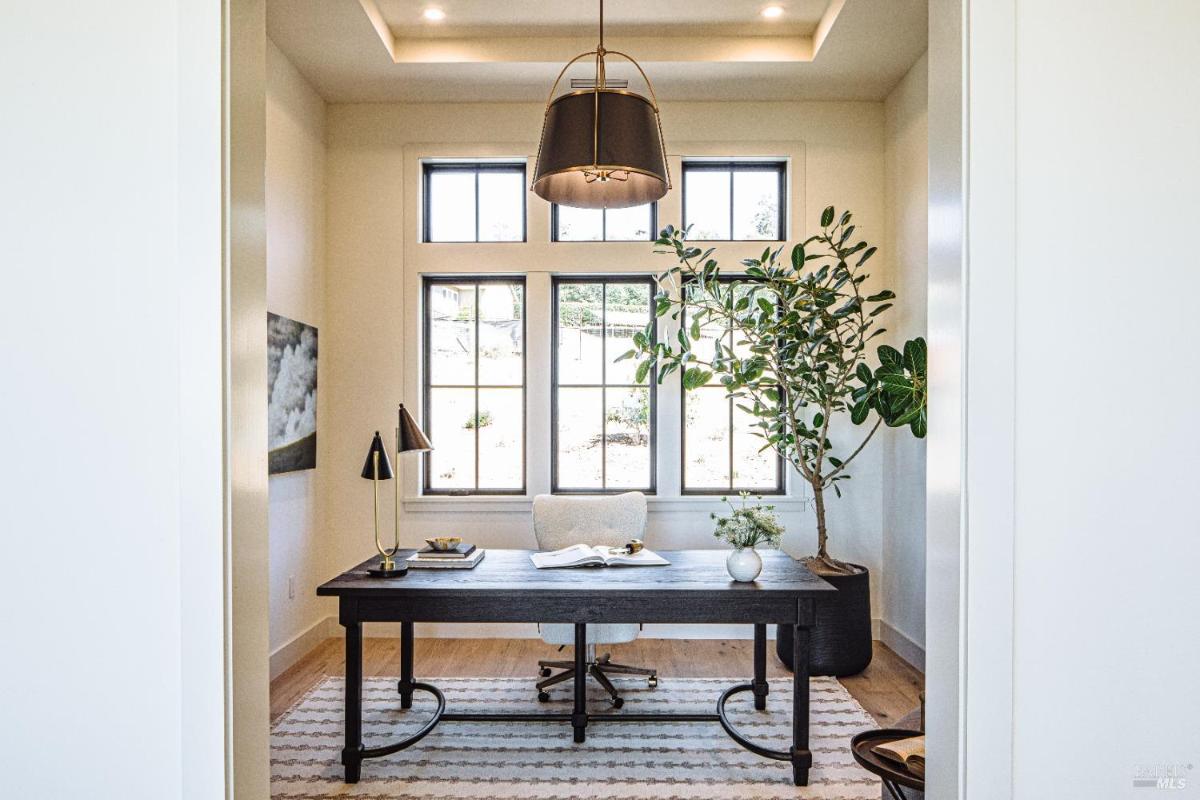 An office with a desk, chair, and plants, featuring large windows.