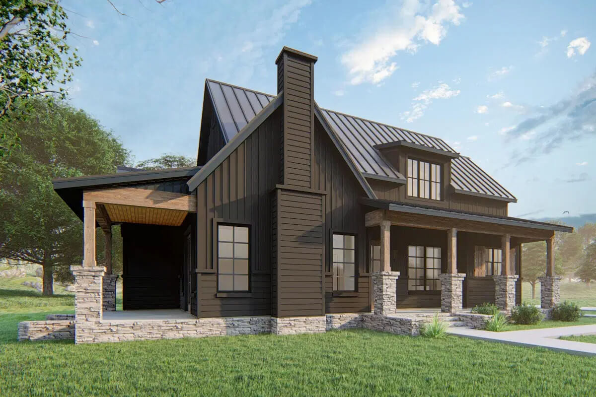 Farmhouse-Style 3-Bedroom Home with 2-Car Side-Loading Garage and Multiple Porches (Floor Plan)