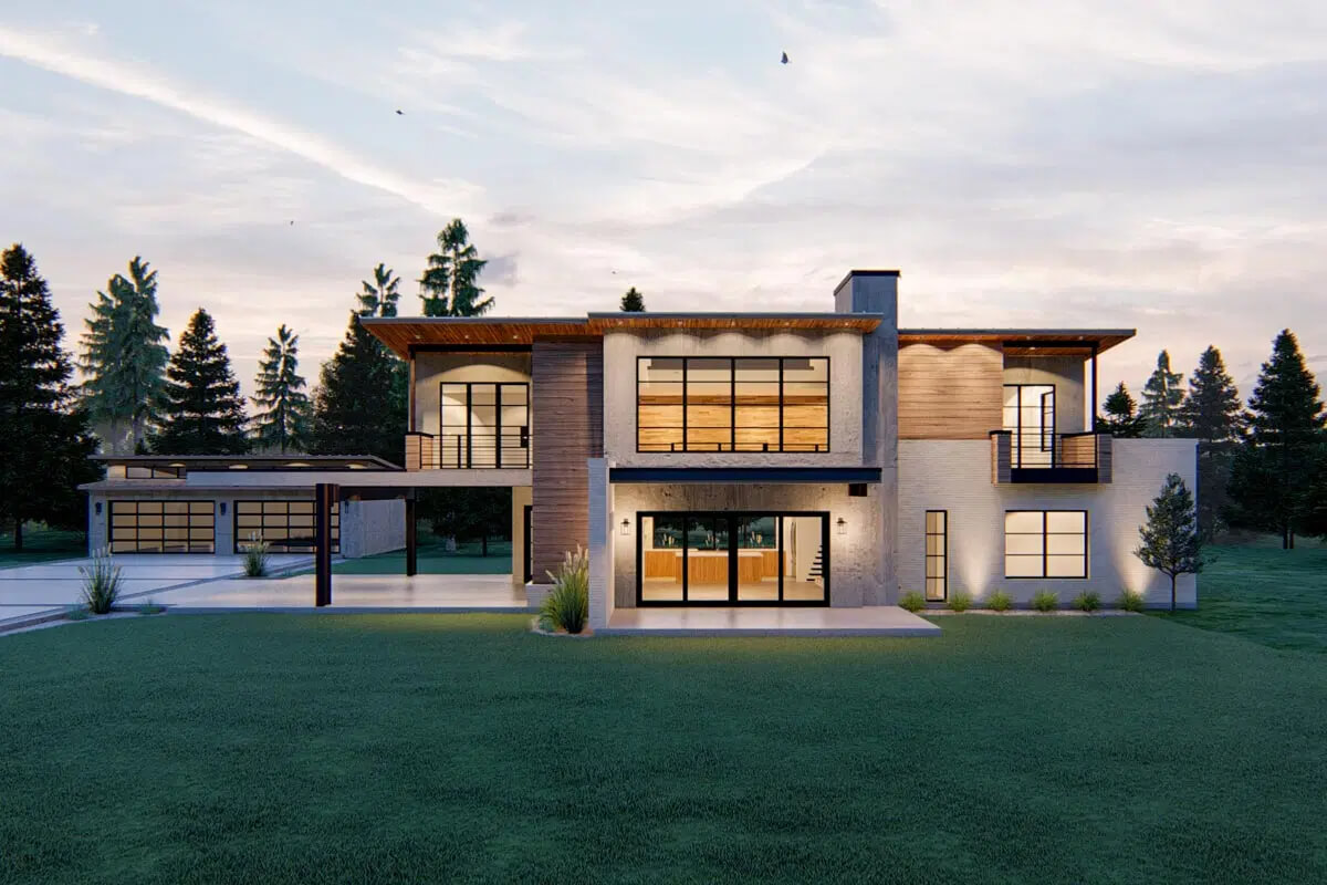 Modern-Style 2-Bedroom Home with Balconies and a 4-Car Detached Garage (Floor Plan)