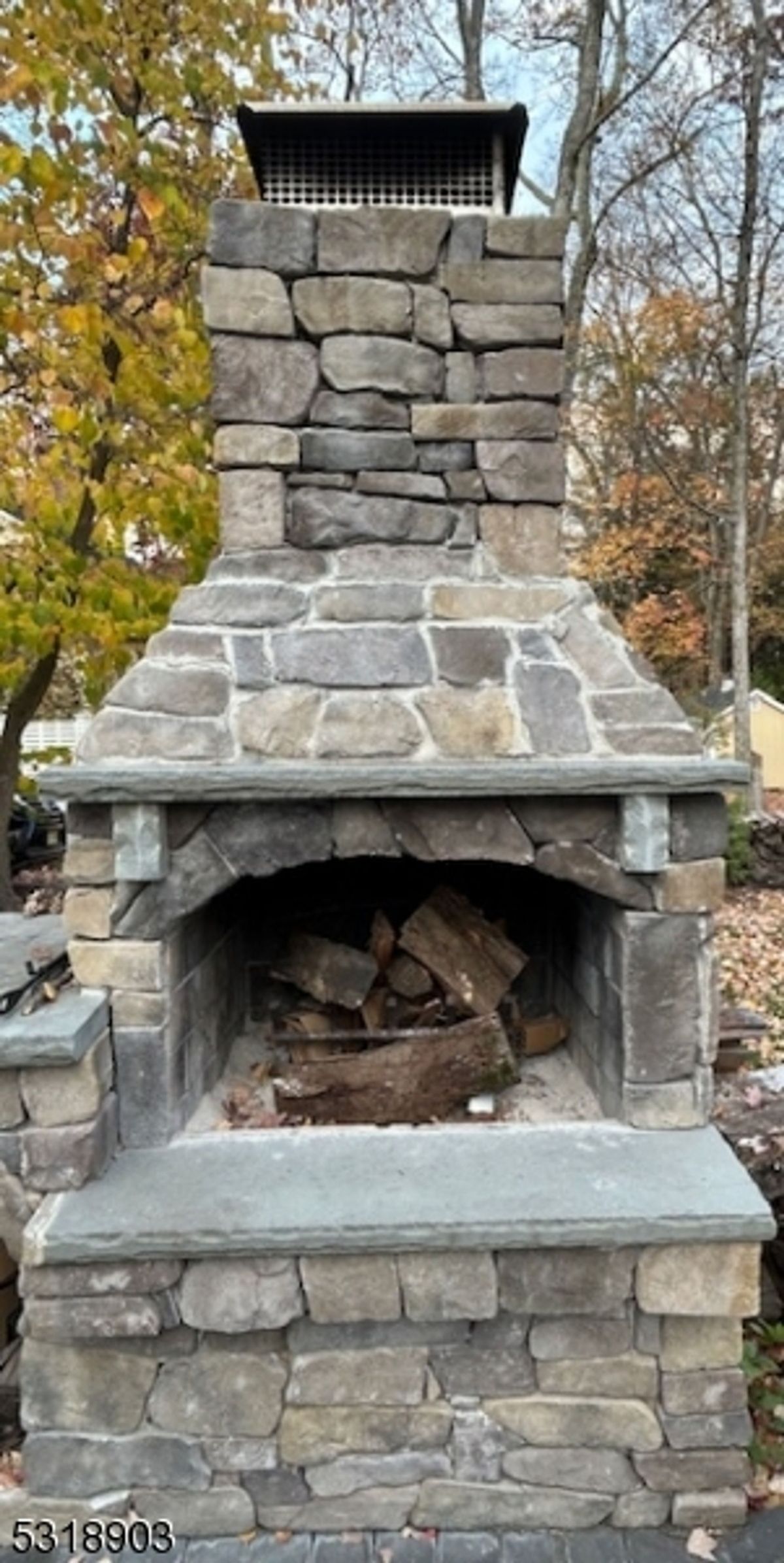 A rustic stone outdoor fireplace enhances the charm of the backyard, perfect for cozy gatherings.