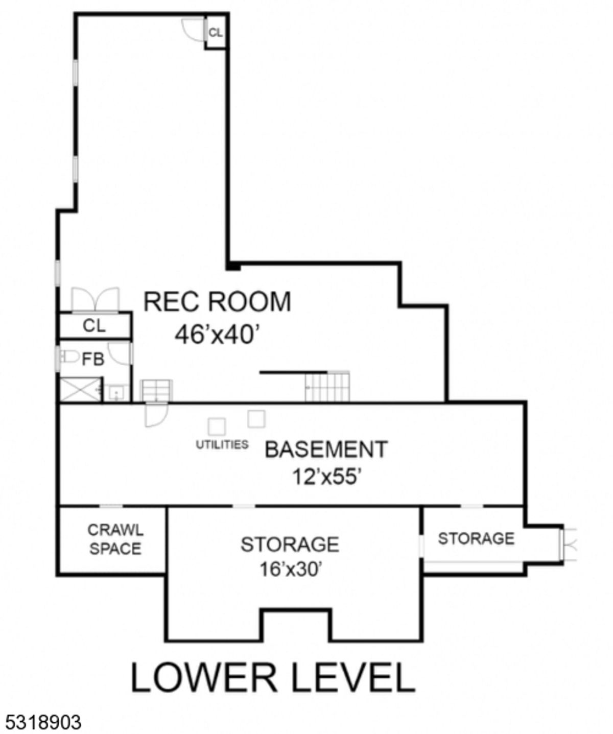 Lower-level floor plan features a 46'x40' recreation room, ample storage areas, and utility space for versatile functionality.