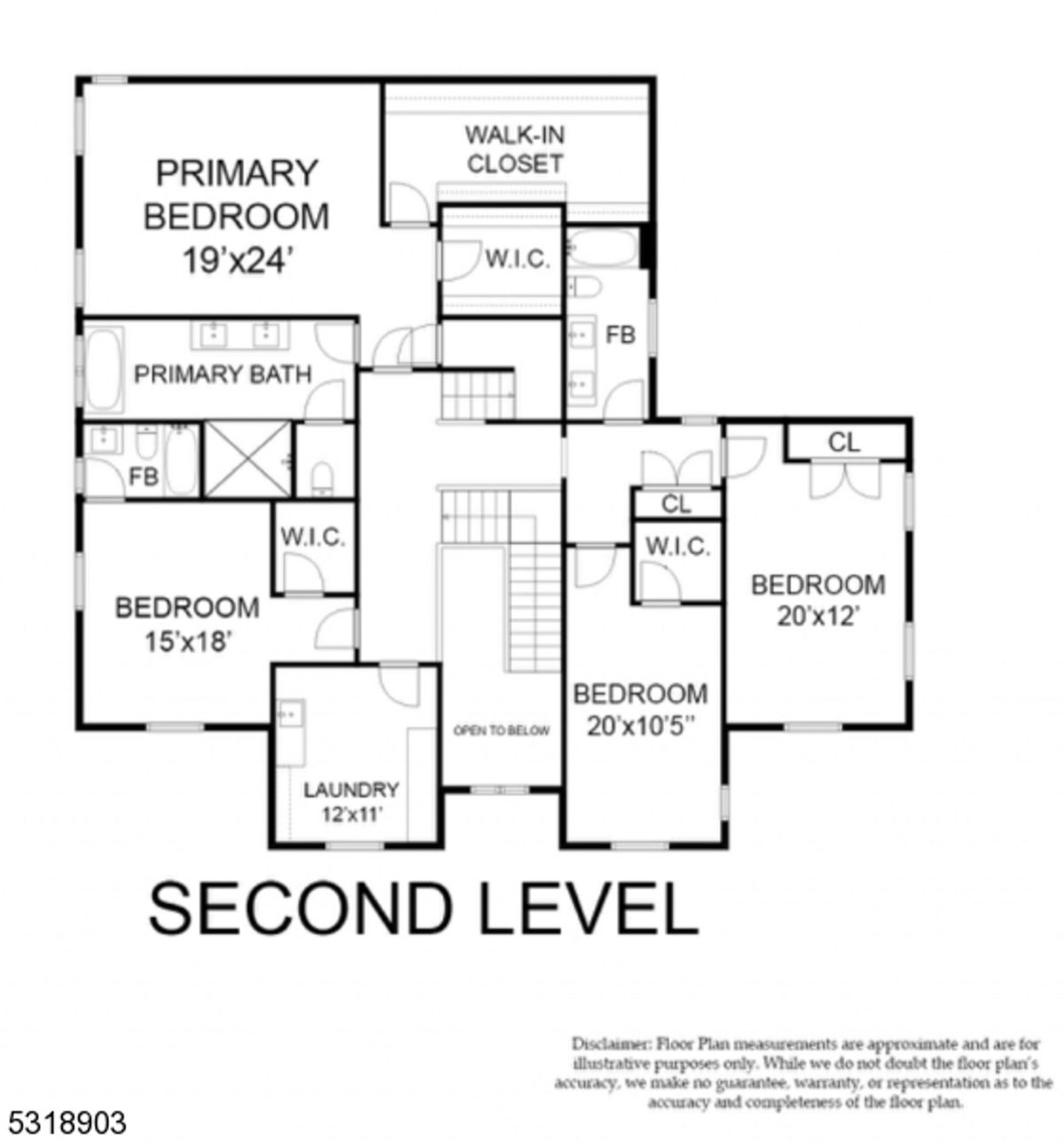 The second level floor plan showcases a luxurious primary suite with a spacious bedroom, en-suite bath, and walk-in closet, along with three additional bedrooms, multiple walk-in closets, and a convenient second-floor laundry room.