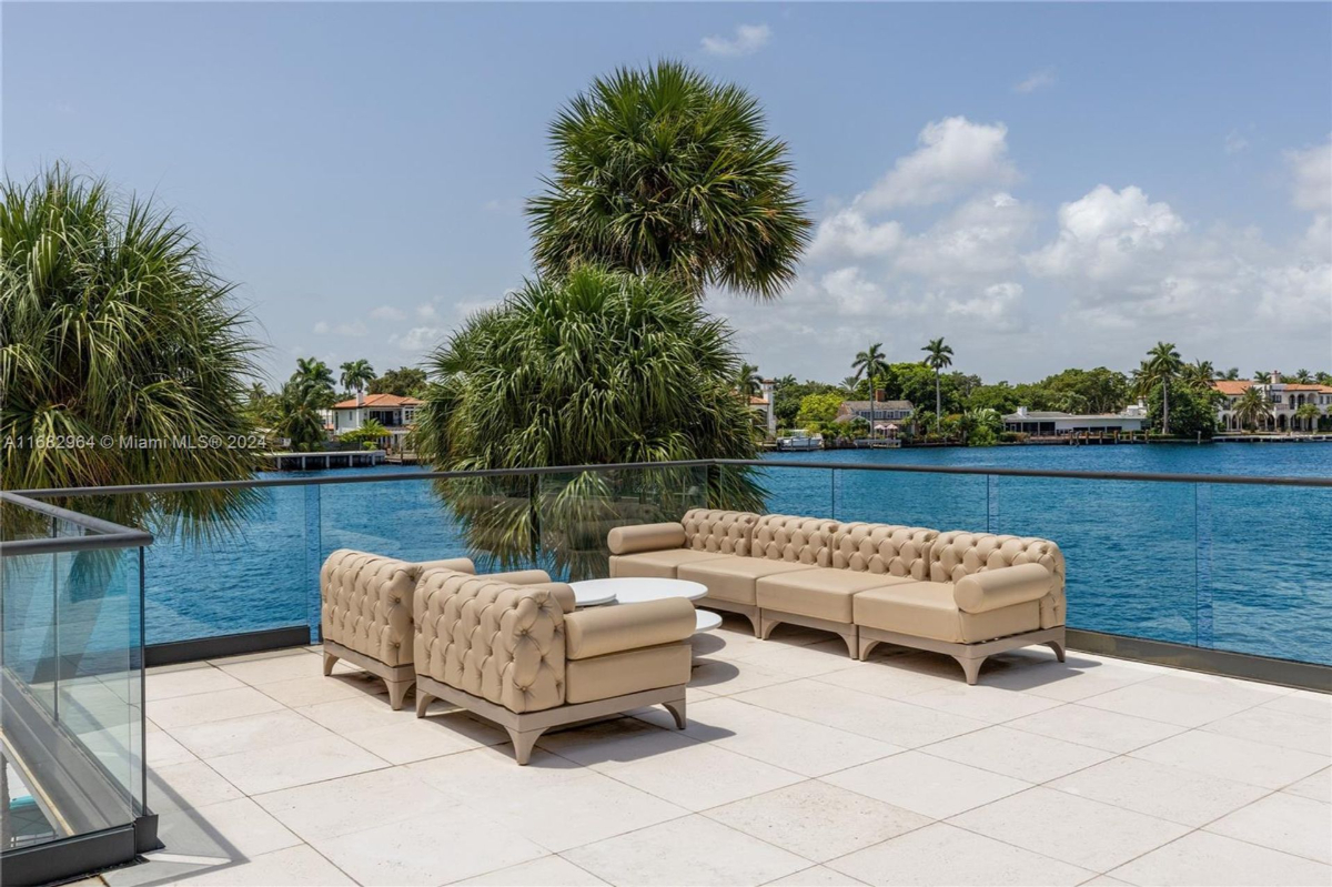 Rooftop terrace offers plush seating with breathtaking waterfront views.