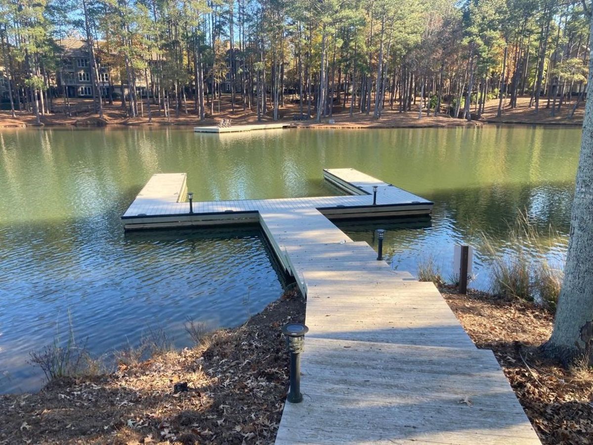 Private dock extends over calm waters, offering a peaceful retreat surrounded by tall pines and serene natural beauty.