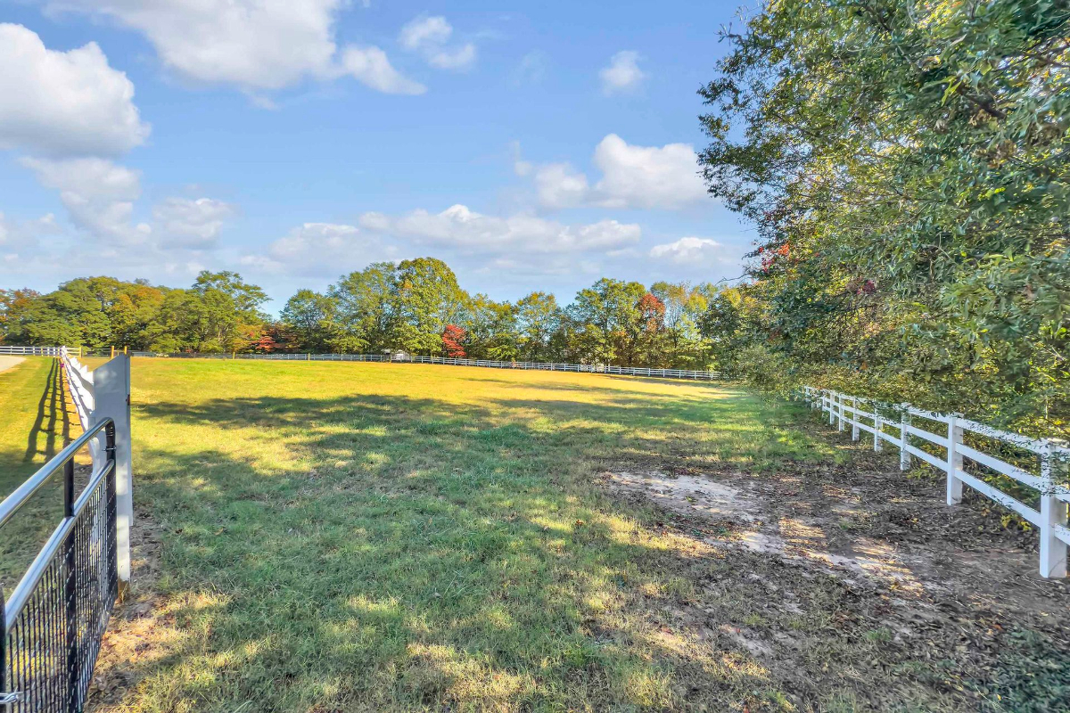 Sprawling pasture provides ample open space, framed by charming white fencing and vibrant trees for a serene countryside atmosphere.