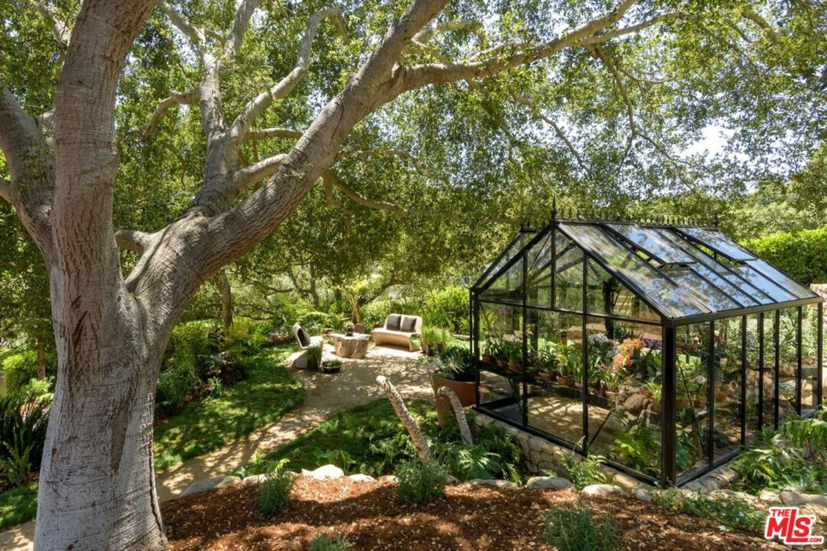 Picturesque greenhouse sits under the canopy of a sprawling tree.