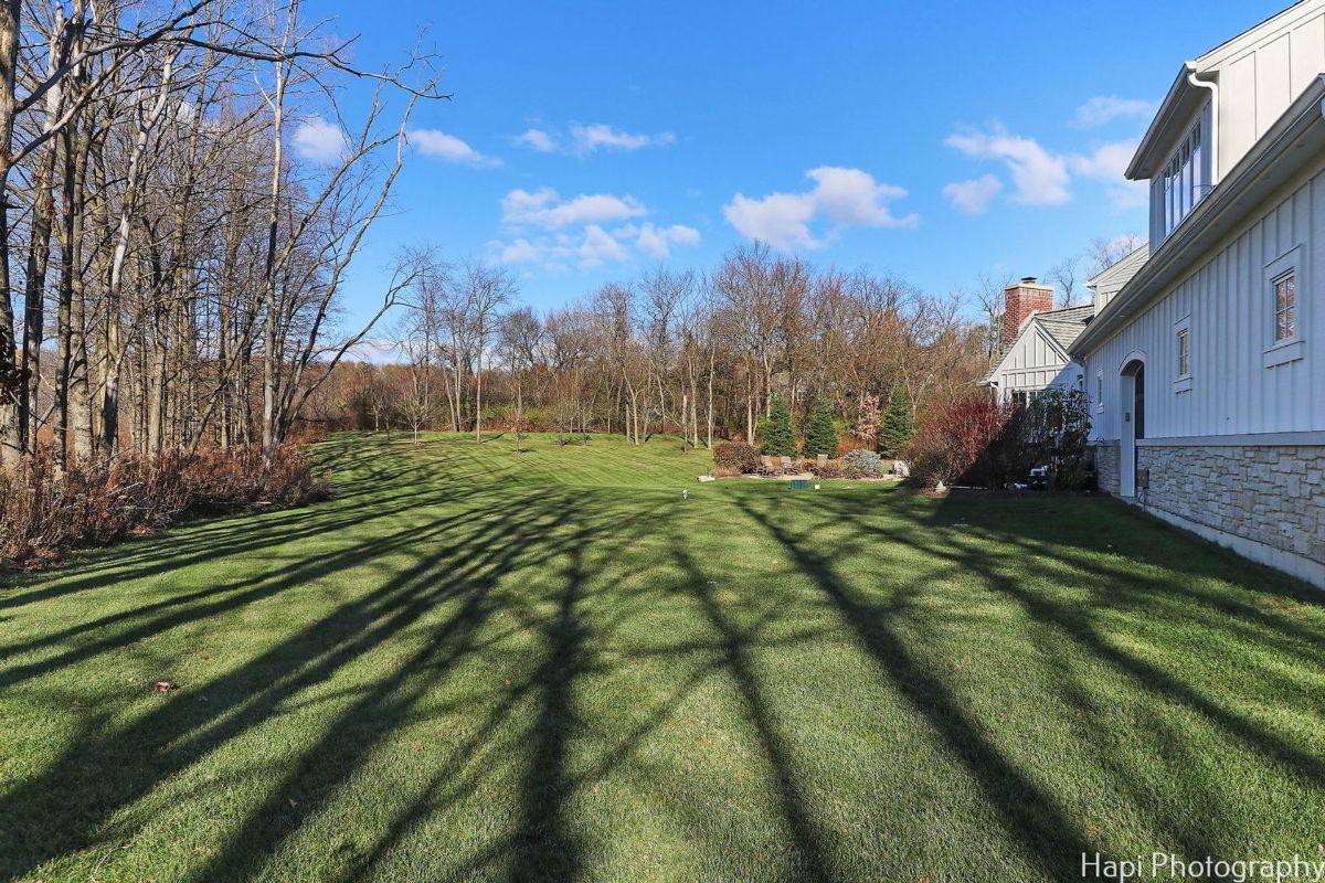 A sunny backyard with long tree shadows cast on the lawn provides a peaceful and natural setting.