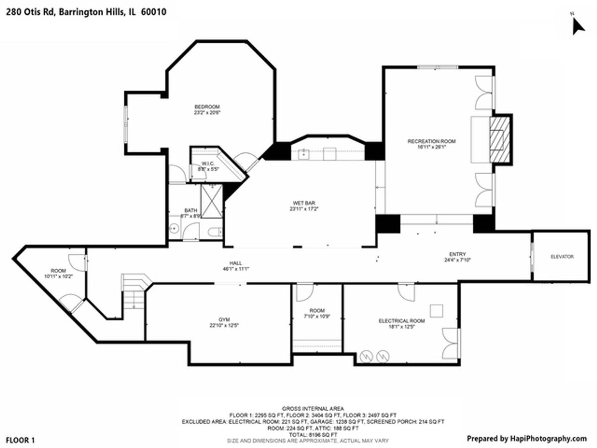 Floor plan showing the first floor of a large house located at 280 Otis Rd, Barrington Hills, IL 60010.