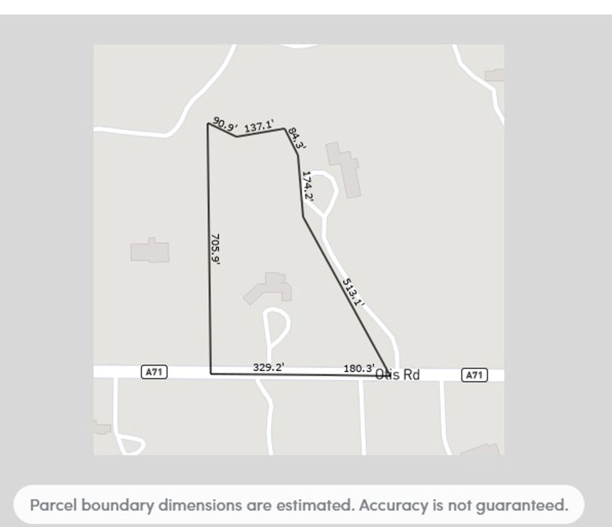 Parcel map showing estimated dimensions of a property.