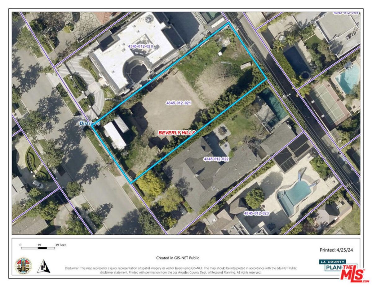 High-angle view shows Beverly Hills lot boundaries, neighboring houses, and District 2.