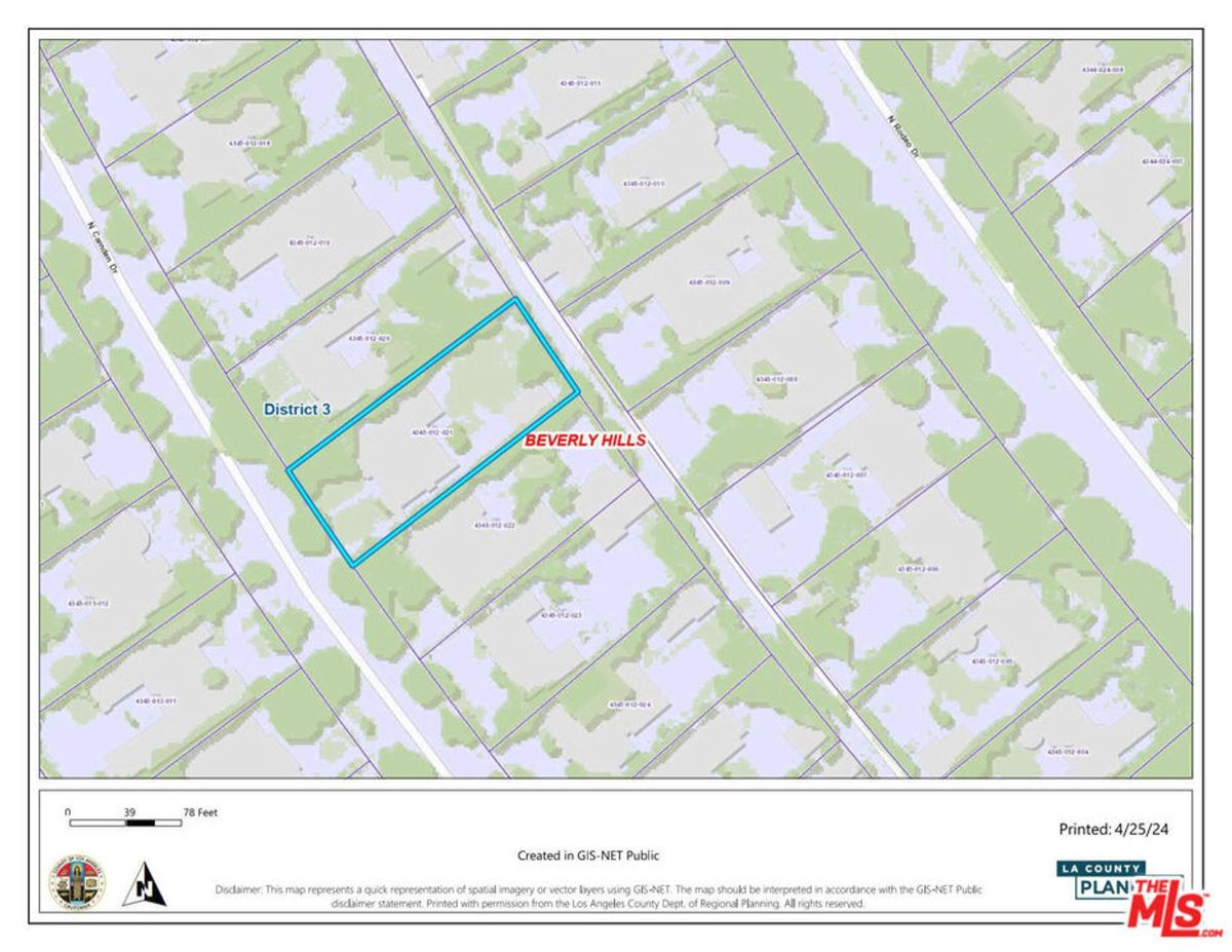 Plot map highlights Beverly Hills District 3 boundaries, roads, and neighboring parcels.