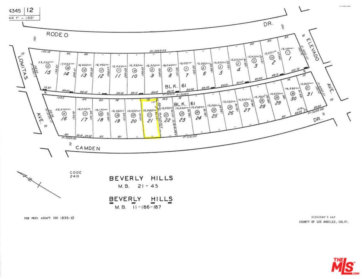 Survey map shows Beverly Hills property lots, block numbers, and street names.