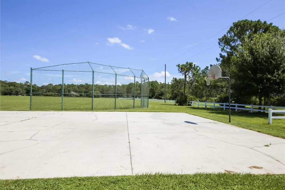 Outdoor basketball court with a backstop/batting cage behind it. The court is light-colored, and the backstop is a metal cage. Trees and a blue sky are visible in the background. 