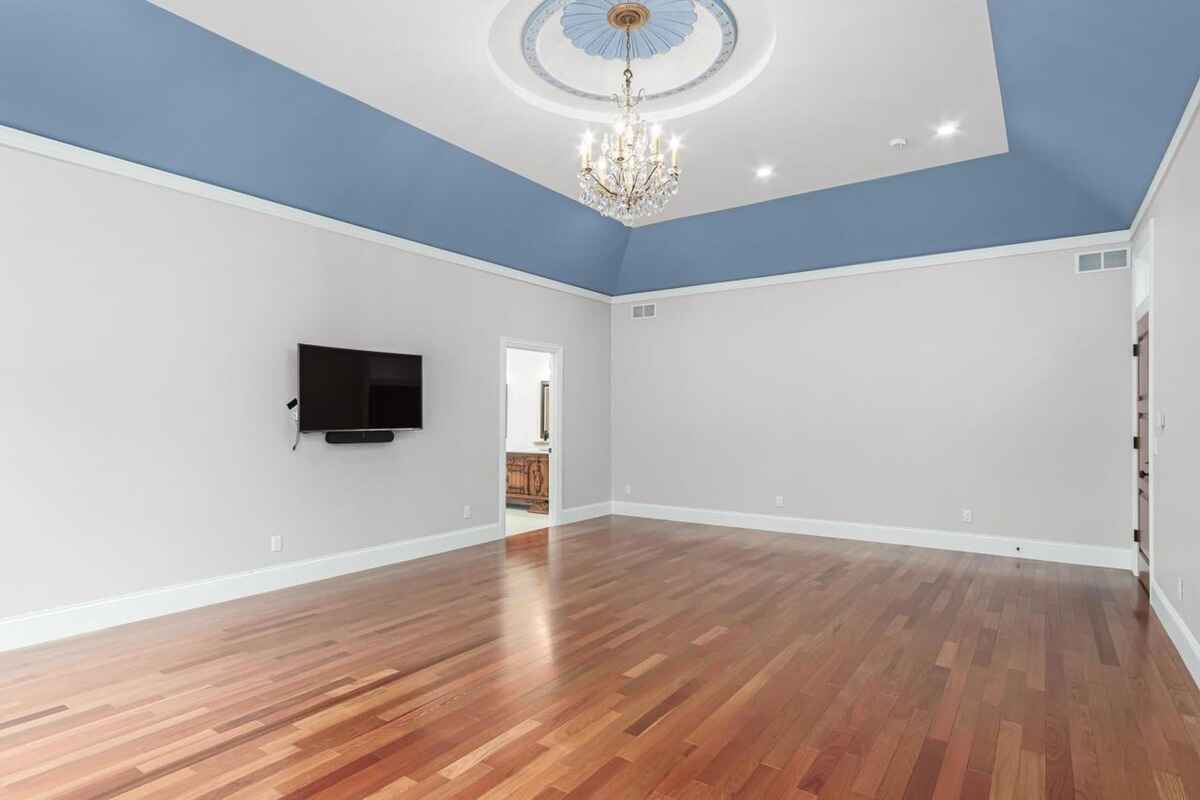 Master suite showcases a tray ceiling, chandelier, hardwood floors, and a mounted television.