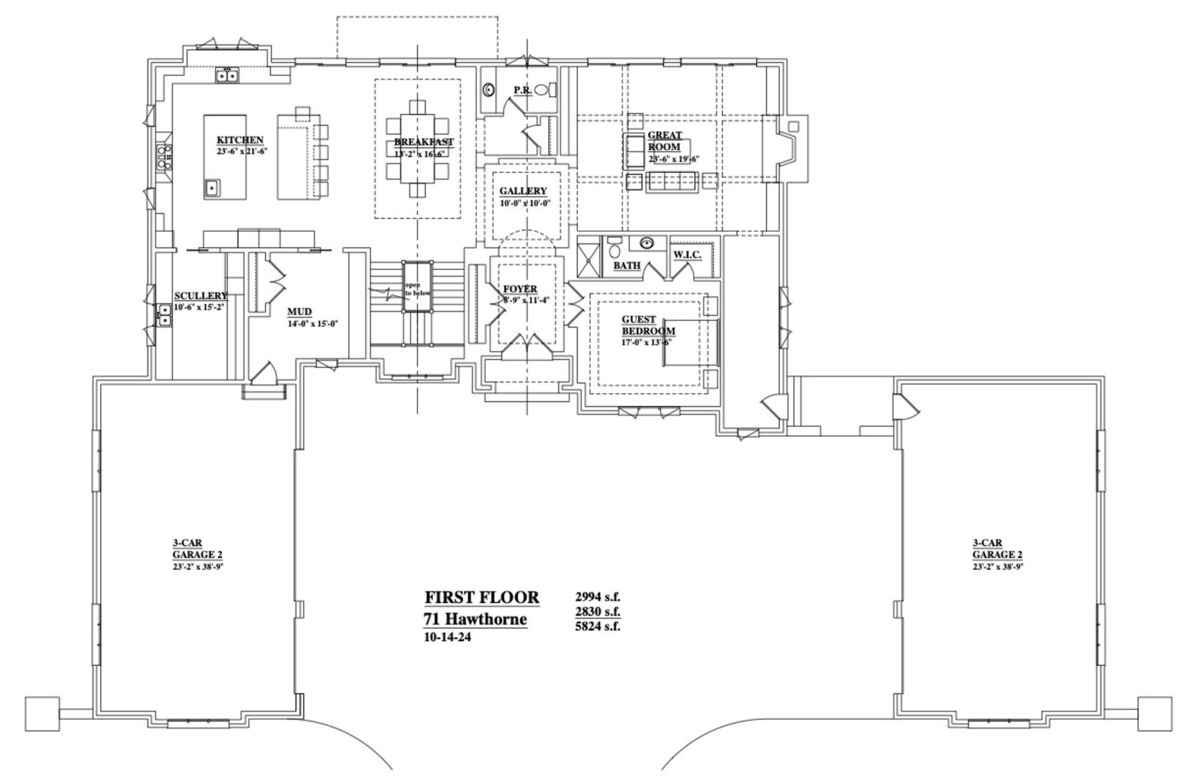 This expansive floor plan showcases an open and inviting layout, seamlessly connecting the kitchen, breakfast area, and great room. The inclusion of a guest bedroom and three-car garage adds to the home's functionality and appeal.