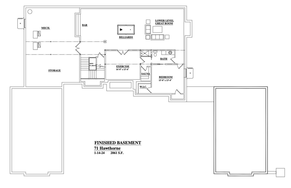 The basement plan reveals a well-designed space with a variety of features, including a dedicated bar area, ample storage, and a full bathroom. The addition of a sauna and a bedroom makes this a complete and comfortable living area.