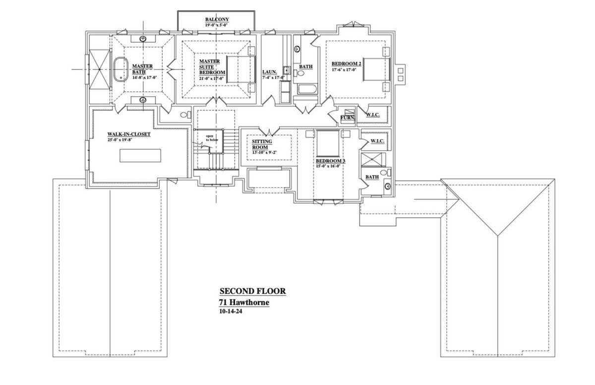 This second-floor plan provides ample space for family living, with multiple bedrooms and bathrooms. The inclusion of a sitting room and laundry room enhances the functionality and convenience of this upper level.