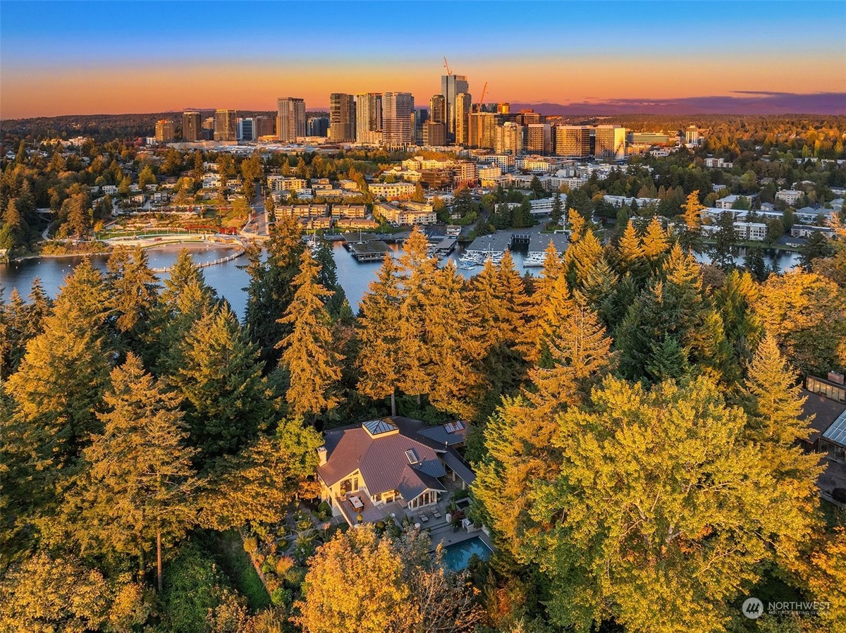 An aerial shot reveals a house nestled within a canopy of autumnal trees, overlooking a cityscape and a calm body of water.