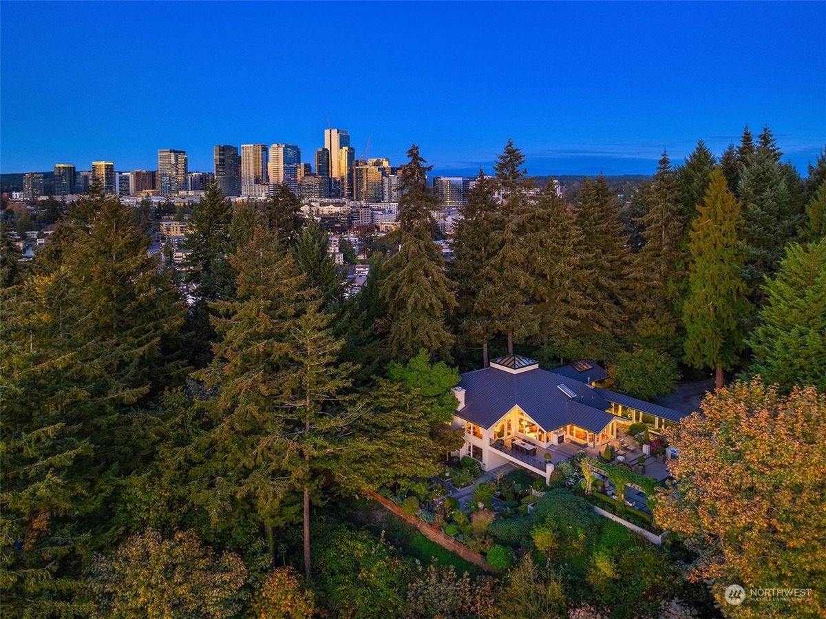 A large house sits on a hilltop, surrounded by trees, with a city skyline visible in the background.