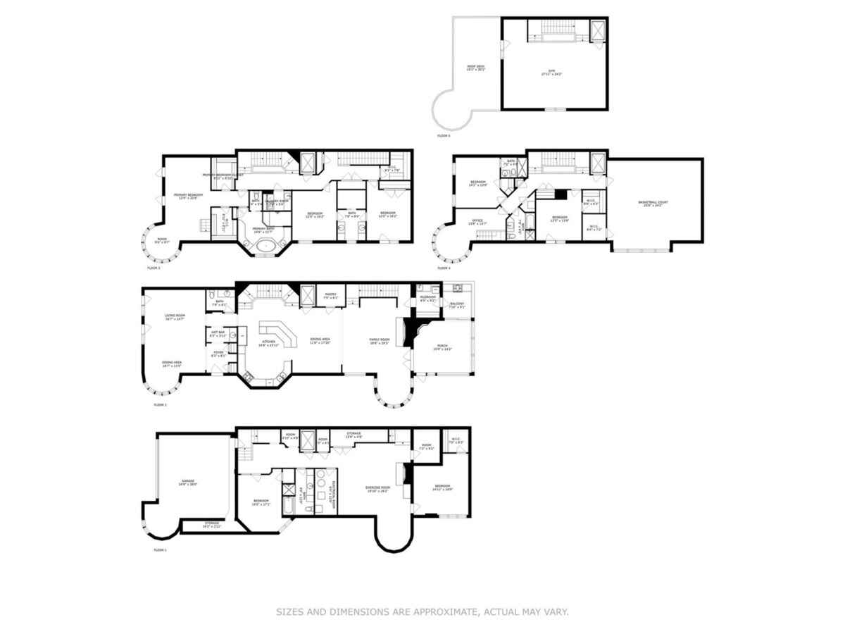 Floor plan shows a detailed layout of multiple floors with labeled room dimensions and areas.