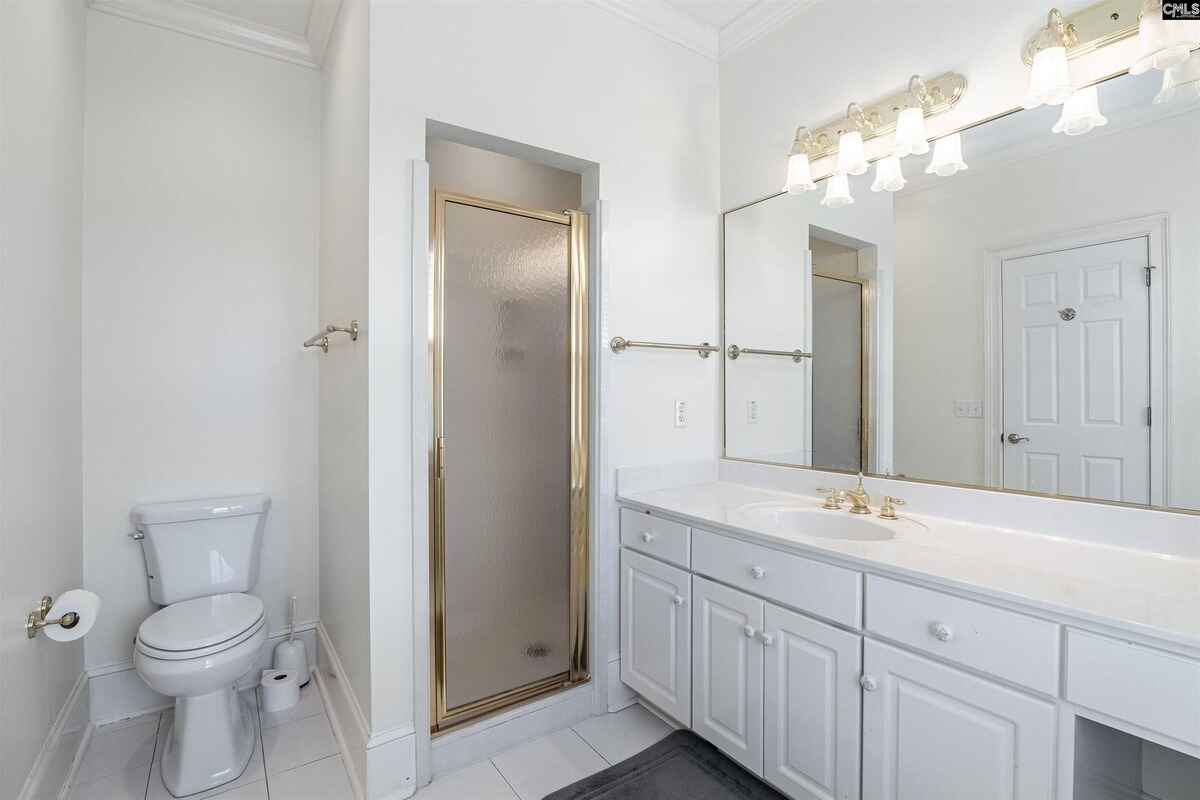 Bathroom features white cabinetry, a toilet, shower stall, and a vanity with a sink and mirror.