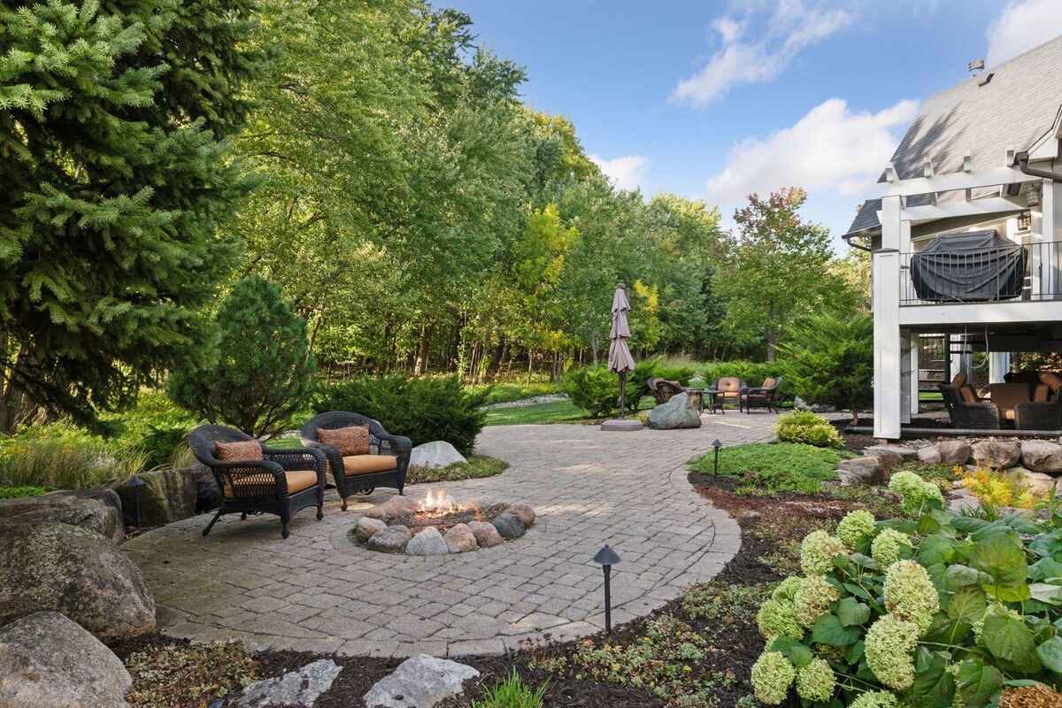 Backyard patio with a fire pit, seating area, and landscaping.