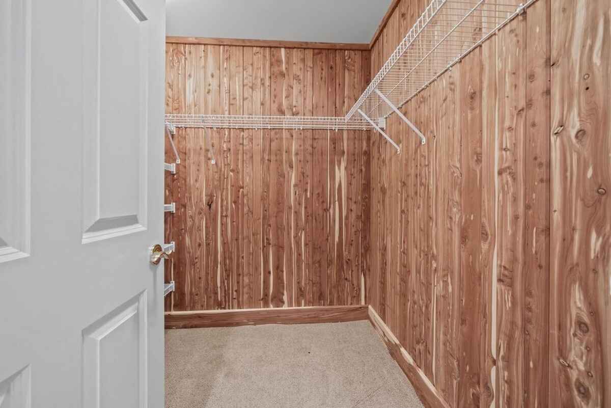 Closets with wood paneling, wire shelving, and carpeted floor are shown.