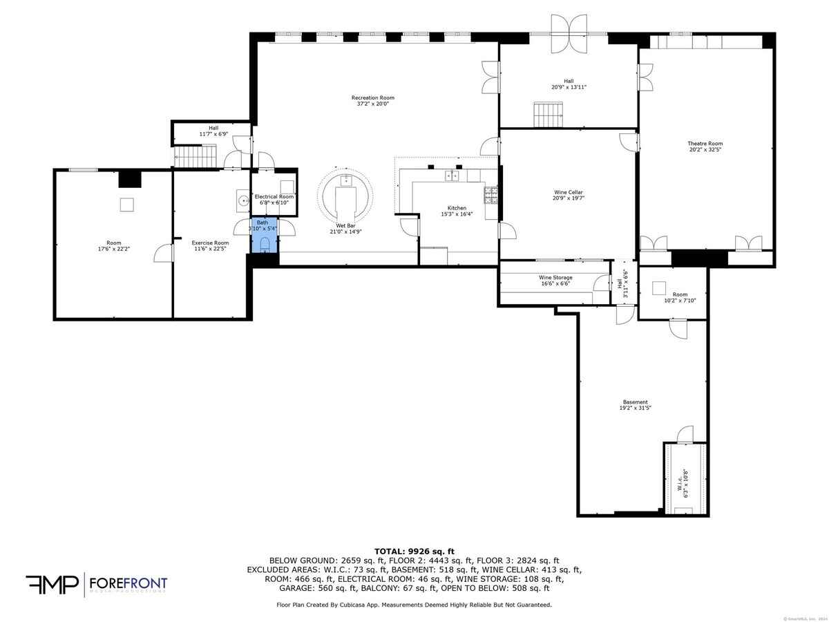 Floor plan showing a large house with multiple rooms, including a recreation room, wine cellar, and exercise room.