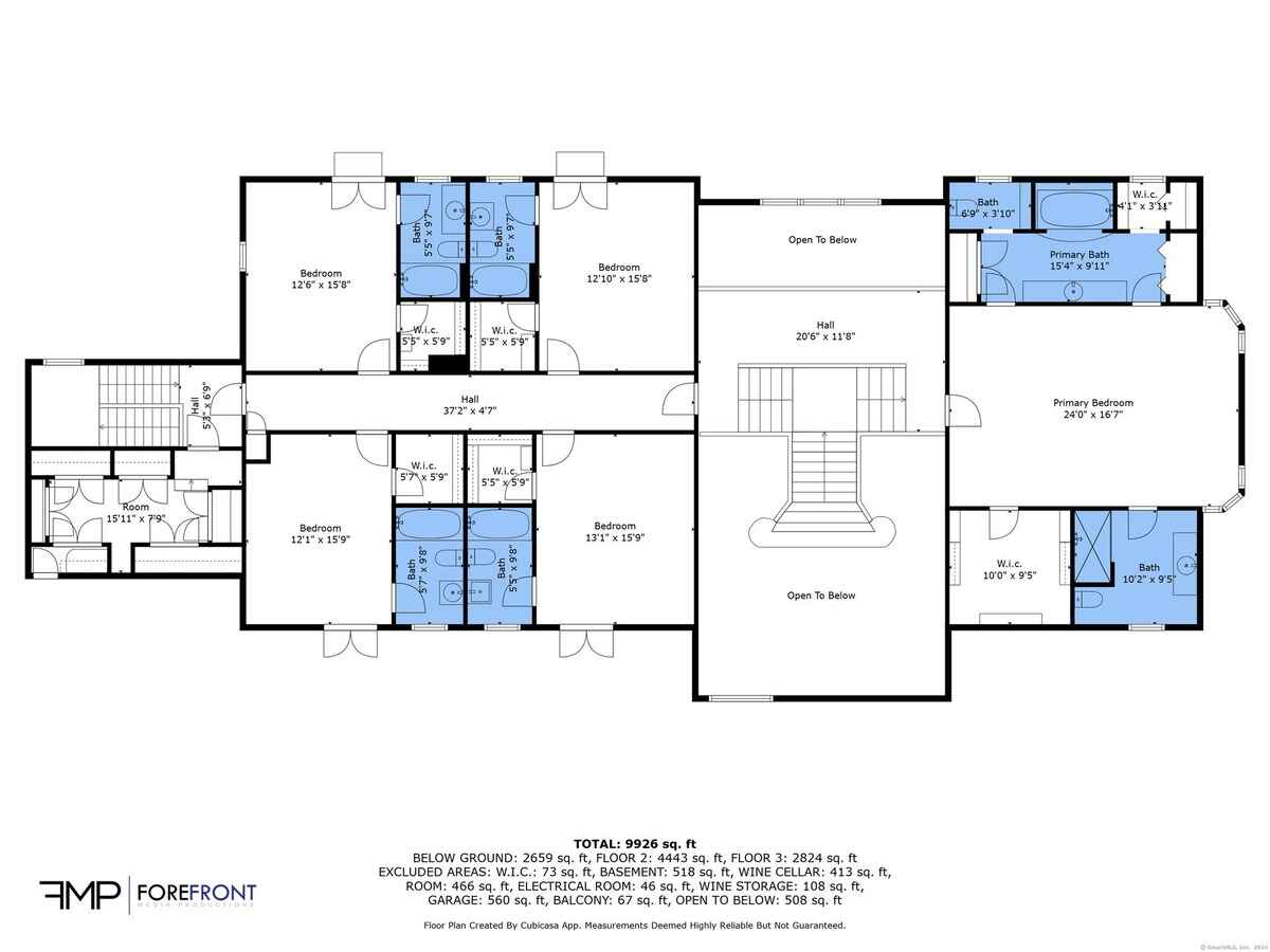 Second-floor plan of a house showing four bedrooms, two bathrooms, and a large hall.