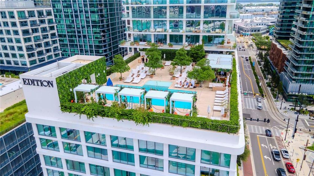 Rooftop pool area at a building labeled "EDITION" surrounded by greenery. The pool deck includes multiple lounge chairs, shaded cabanas, and several trees scattered around the area. In the background, there are high-rise buildings, city streets with cars, and additional urban infrastructure.