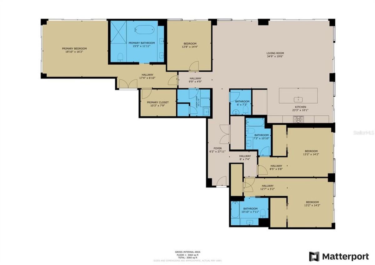 Floor plan of a residence with labeled areas and dimensions for each room. The layout includes a primary bedroom with an attached primary bathroom and closet, additional bedrooms, bathrooms, a living room, and a kitchen. Hallways connect the various spaces, and the total gross internal area is specified as 3,060 square feet.