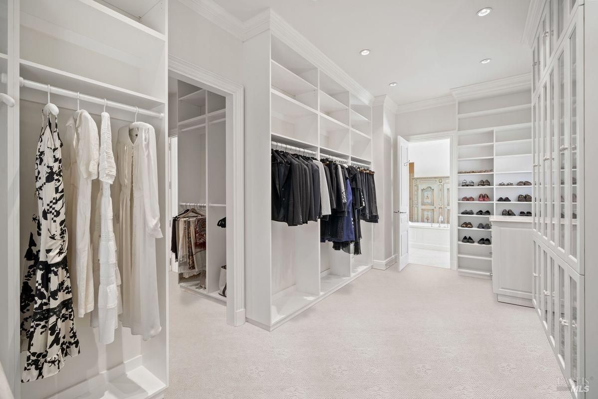 Walk-in closet with extensive hanging shelves