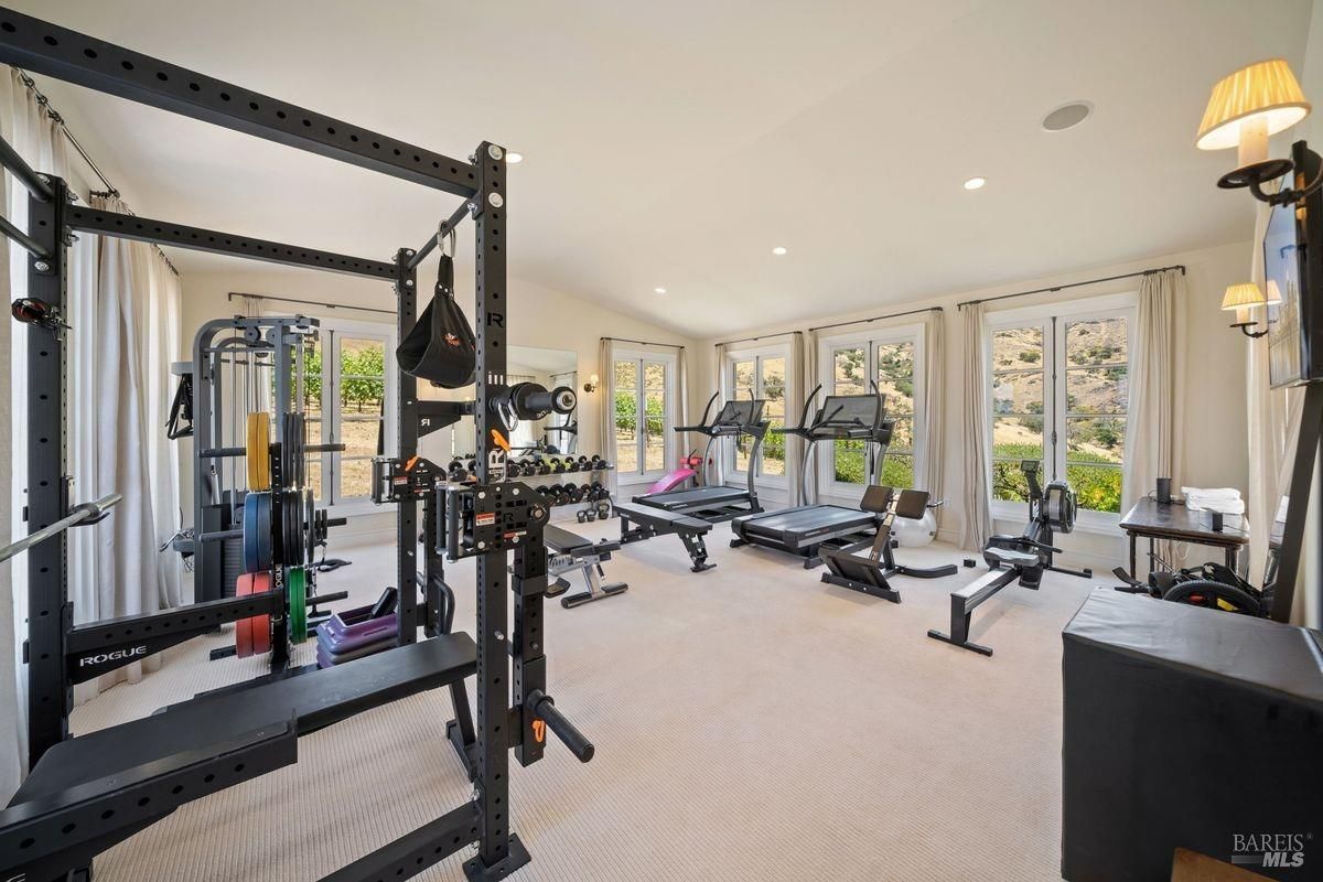 Home gym that is well equipped with large windows that offer a view of outdoors