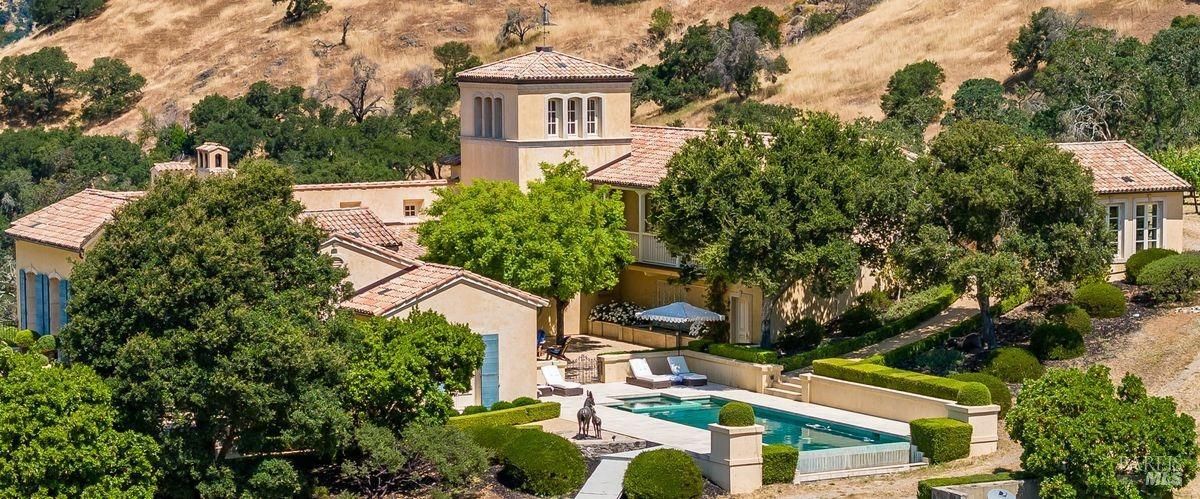 Swimming pool in the backyard surrounded by landscaping