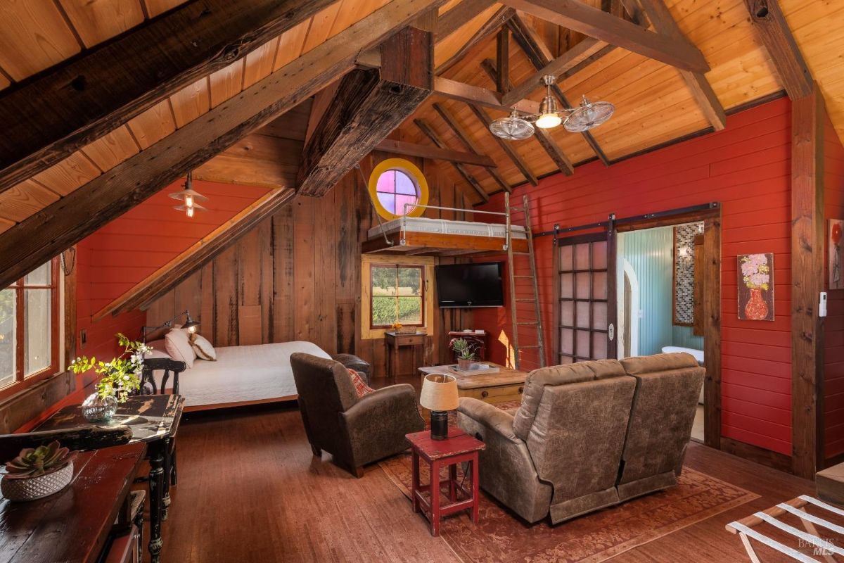 Bedroom has red walls, wood ceiling, bed, chairs, television, and loft bed accessible by ladder.