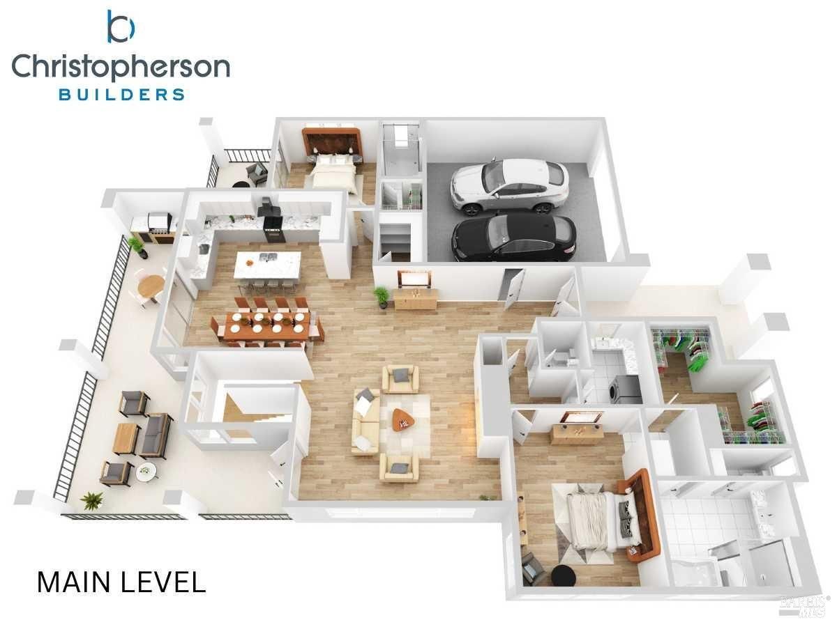 Floor plan shows the main level of a house built by Christopherson Builders. 