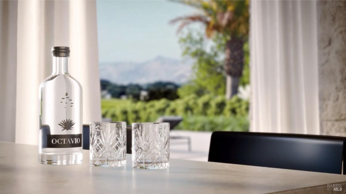 Displays a bottle labeled "Octavio" with two crystal glasses on a countertop, overlooking an outdoor view with palm trees and mountains.