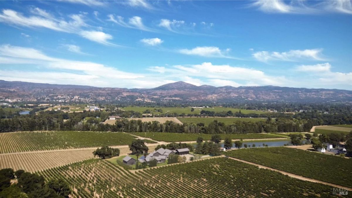 Displays a bird’s-eye view of the property nestled within expansive vineyards and rolling hills.