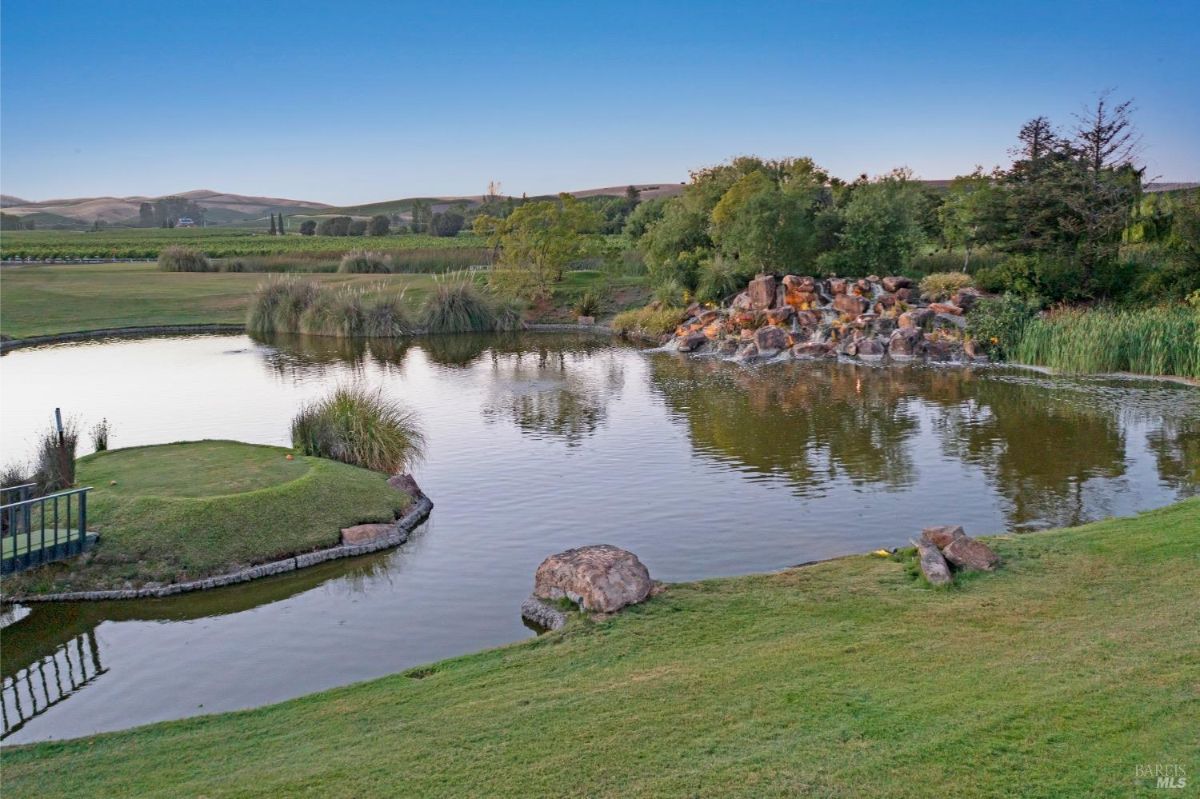 A reflective pond surrounded by grass and plants, with a small island that has a manicured green section. A cluster of rocks with flowing water is visible on the far side of the pond. Rolling hills and a vineyard stretch across the background under a clear sky.