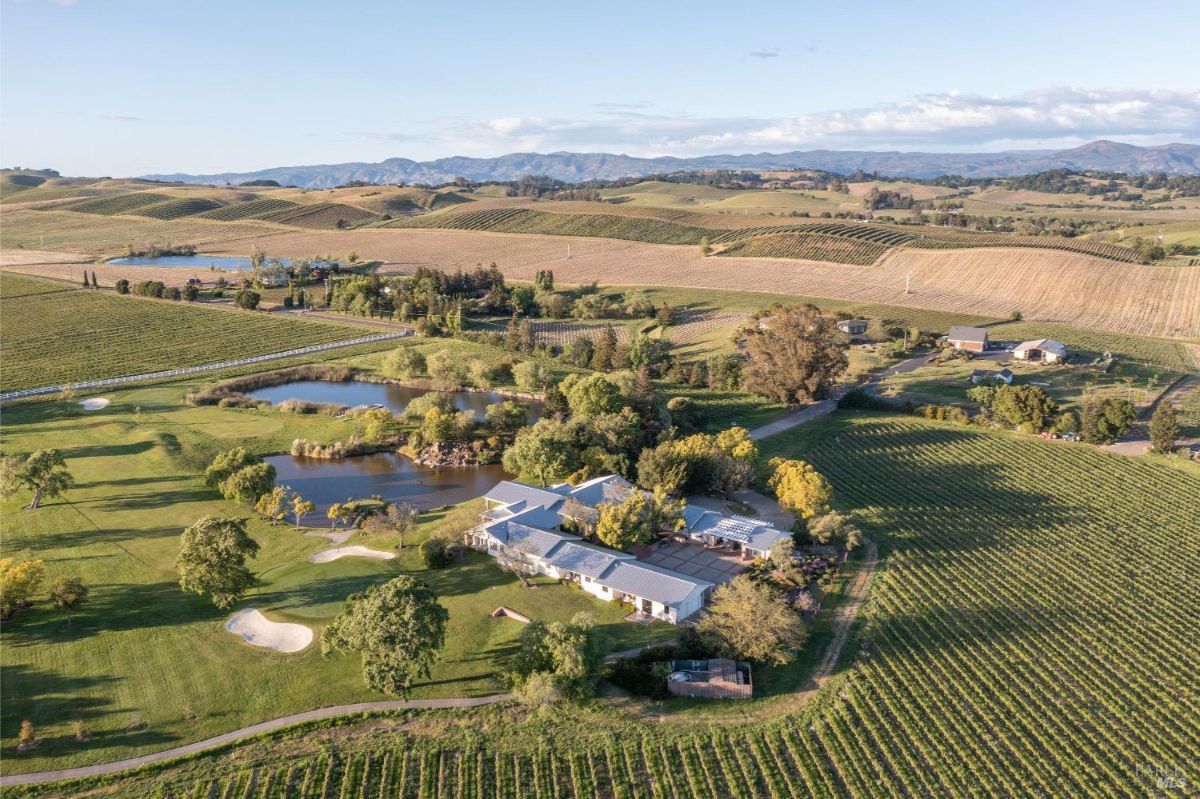 Aerial view of a large estate surrounded by vineyards and rolling hills. The property includes a main house, a pond with a small island, and a landscaped golf area with sand bunkers. Rows of grapevines extend across the landscape, with additional buildings and trees scattered in the background.