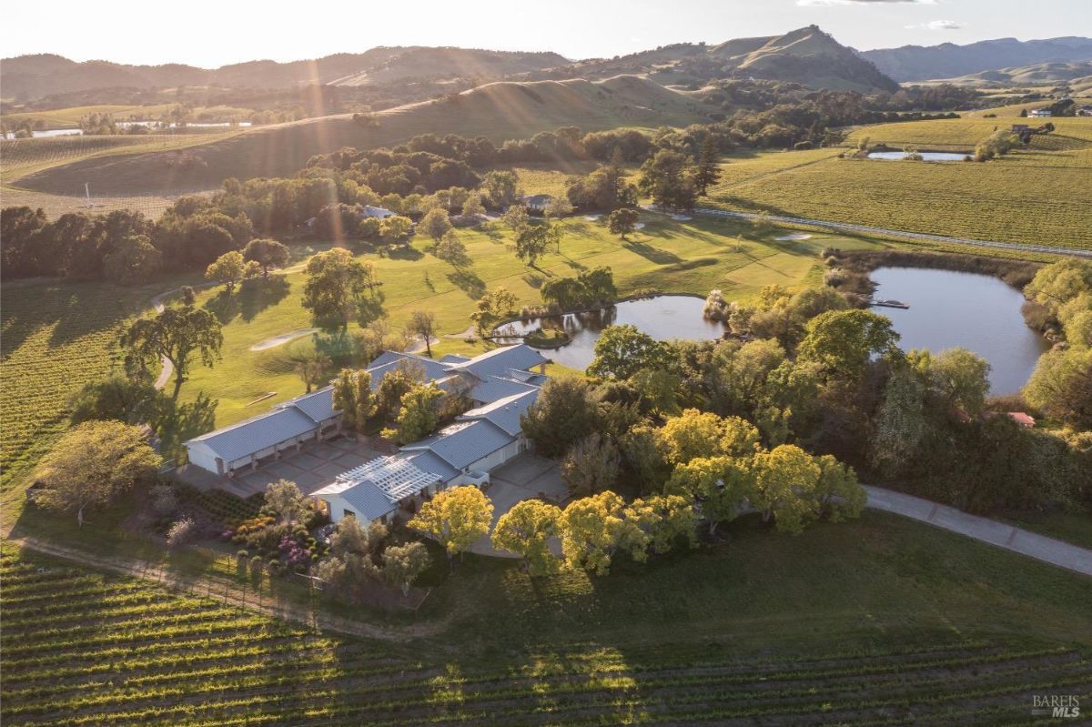 Aerial view of a property surrounded by vineyards and open fields. The property includes a large building with a gray roof, multiple sections, and nearby trees. A pond is situated close to the property, with rolling hills and additional agricultural land in the background.